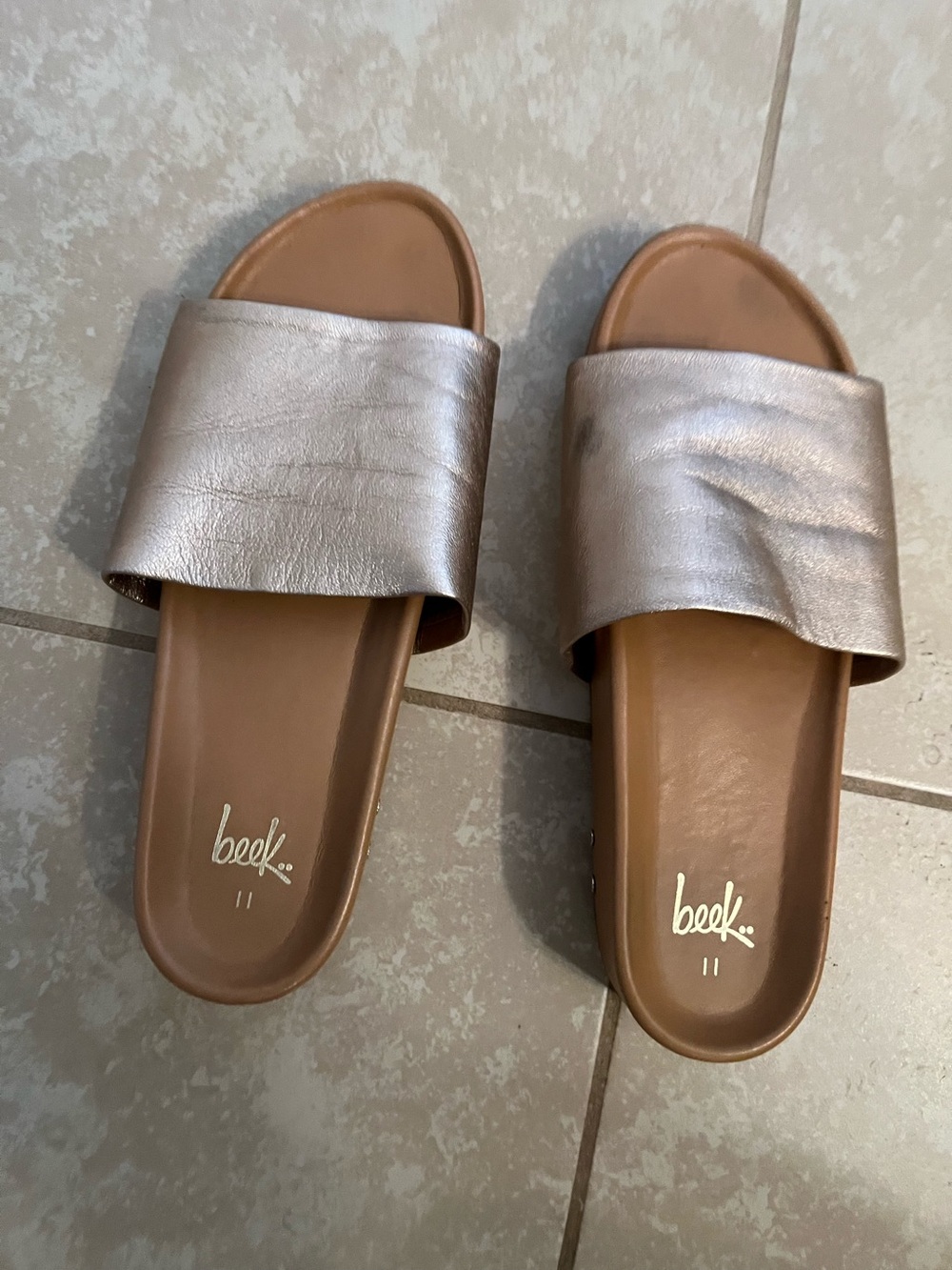 beek brand Metallic Gold Slide Sandals
